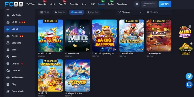 Kho game bắn cá đa dạng và chất lượng tại FC88